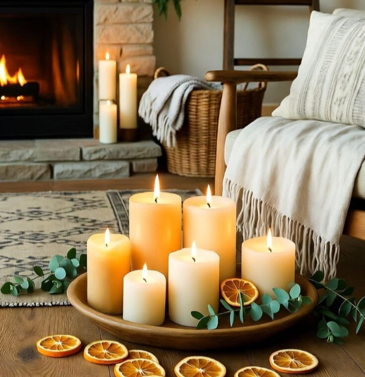 Warm candles, dried oranges and eucalyptus paired with a sott cozy blanket created a cozy and good scented homestead for the holidays.
