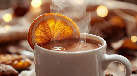 Cozy Farmhouse Hot Cocoa: Steaming with Orange & Cinnamon Glow Steaming mug o rich hot cocoa garnished with a fresh orange slice, cinnamon stick, and rising holiday steam-rustic farmhuse winter warmth fro The Redhead's Homestead. Perfet or spiced sips and seasonal joy.